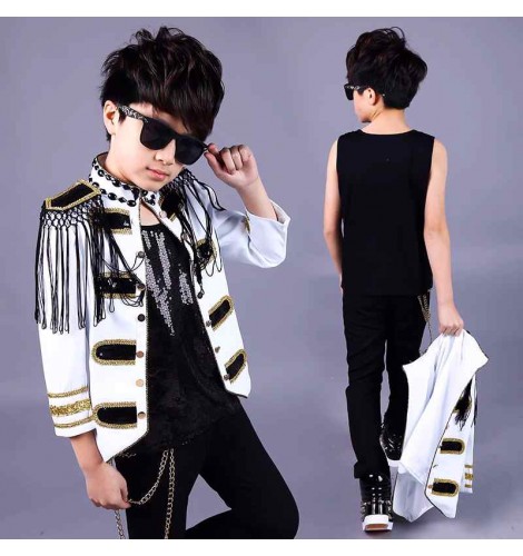 Boys white bing stones jazz dance coats for kids children modern hiphop street dance jackets host singer choir party dress up pianist performance coat